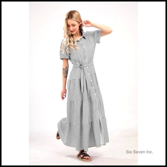 Casual Short Sleeve Button Down Tie Waist Ruffled Maxi Shirt Dress - Picture 5 of 7